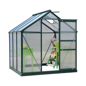 6 x 6ft Polycarbonate Greenhouse, Large Walk-In Green House with Slide Door and Window, Garden Plants Grow House with Aluminium Frame and Foundation, Dark Green