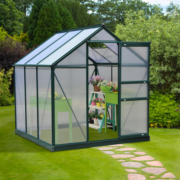 6' x 6' x 6.6' Polycarbonate Greenhouse, Walk-In Green House Kit Garden, Plants Grow, Galvanized Sheet Aluminum Frame with Rain Gutter, Vent and Sliding Door, Green