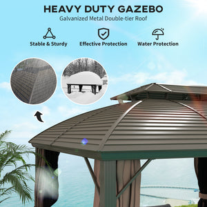 10' x 12' Hardtop Gazebo Canopy with Double Roof and Aluminum Frame, Outdoor Gazebo with Netting and Curtains for Patio, Garden, Backyard, Deck, Lawn, Coffee