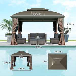 3.65 x 3(m) Hardtop Steel Gazebo Canopy for Patio Heavy Duty Outdoor Pavilion with Aluminium Alloy Frame, Double Roof, Net Sidewalls and Curtains, Coffee