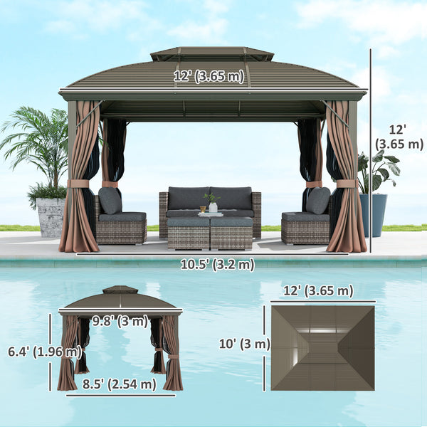 10' x 12' Hardtop Gazebo Canopy with Double Roof and Aluminum Frame, Outdoor Gazebo with Netting and Curtains for Patio, Garden, Backyard, Deck, Lawn, Coffee
