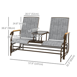 Outdoor Glider Bench with Tempered Glass Table, Breathable Mesh, 2-Person Rocking Glider Chair, Swing Loveseat Rocker, for Porch, Garden, Poolside, Balcony, Grey