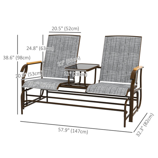 Outdoor Glider Bench with Tempered Glass Table, Breathable Mesh, 2-Person Rocking Glider Chair, Swing Loveseat Rocker, for Porch, Garden, Poolside, Balcony, Grey