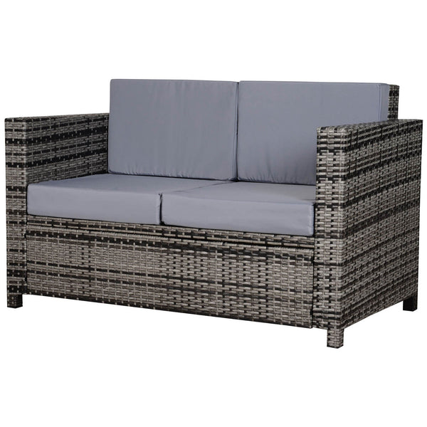 Rattan Sofa, 2 Seater Garden Furniture with Soft Padded Cushion and Armrests, Wicker Garden Loveseat for Patio, Mixed Grey