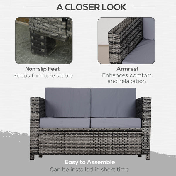 Rattan Sofa, 2 Seater Garden Furniture with Soft Padded Cushion and Armrests, Wicker Garden Loveseat for Patio, Mixed Grey