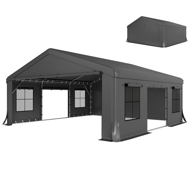 20' x 20' Heavy Duty Carport, Portable Garage Car Canopy Tent with Reinforced Galvanized Frame, 3 Roll-up Doors, 4 Mesh Windows for Cars, Trucks, Boats, Motorcycle, Bike, Dark Gray