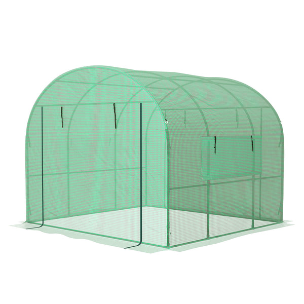 3 x 3 x 2m Polytunnel Greenhouse with Doors and Mesh Windows, Walk-in Grow House Tent with UV-resistant PE Cover and Steel Frame, Green