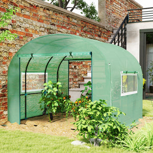 3 x 3 x 2m Polytunnel Greenhouse with Doors and Mesh Windows, Walk-in Grow House Tent with UV-resistant PE Cover and Steel Frame, Green