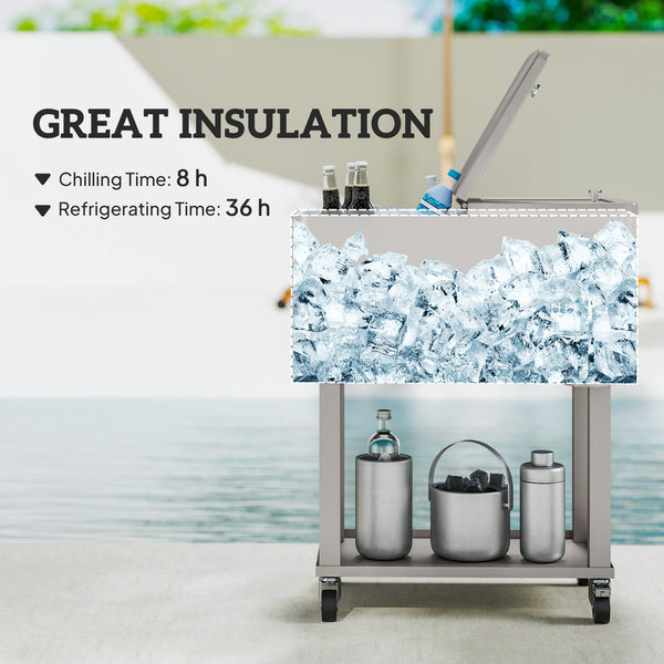 60 Quart Rolling Patio Cooler Cart, Portable Outdoor Cooler with Locking Wheels, Storage Shelf, Steel Bottle Opener, Ice Chest for Patio Backyard Party BBQ, Silver