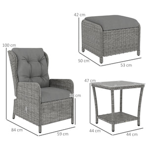 5 Pieces Rattan Bistro Set with Adjustable Back, Reclining Wicker Balcony Furniture with Cushions, Glass Top Coffee Table and Footstools, Outdoor Table and Chairs, Light Grey