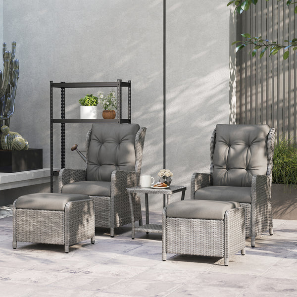 5 Pieces Rattan Bistro Set with Adjustable Back, Reclining Wicker Balcony Furniture with Cushions, Glass Top Coffee Table and Footstools, Outdoor Table and Chairs, Light Grey