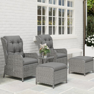 5 Pieces Rattan Bistro Set with Adjustable Back, Reclining Wicker Balcony Furniture with Cushions, Glass Top Coffee Table and Footstools, Outdoor Table and Chairs, Light Grey