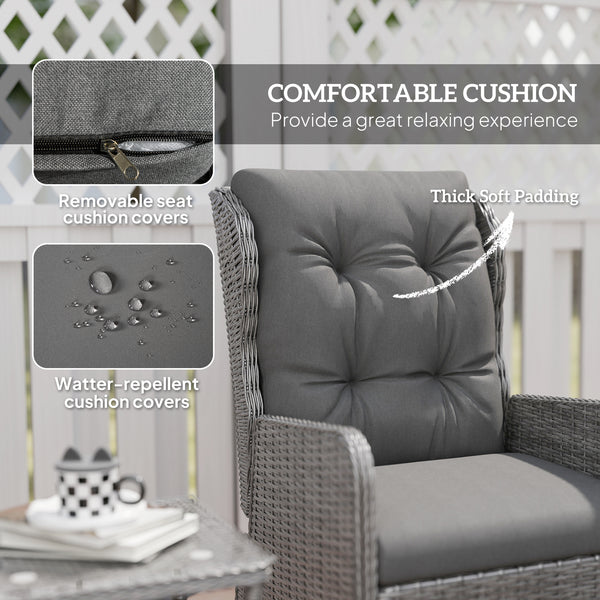 5 Pieces Rattan Bistro Set with Adjustable Back, Reclining Wicker Balcony Furniture with Cushions, Glass Top Coffee Table and Footstools, Outdoor Table and Chairs, Light Grey
