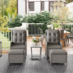 5 Pieces Rattan Bistro Set with Adjustable Back, Reclining Wicker Balcony Furniture with Cushions, Glass Top Coffee Table and Footstools, Outdoor Table and Chairs, Light Grey