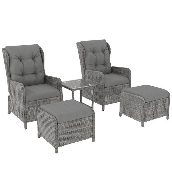 5 Pieces Rattan Bistro Set with Adjustable Back, Reclining Wicker Balcony Furniture with Cushions, Glass Top Coffee Table and Footstools, Outdoor Table and Chairs, Light Grey