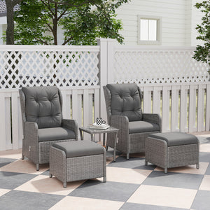 5 Pieces Rattan Bistro Set with Adjustable Back, Reclining Wicker Balcony Furniture with Cushions, Glass Top Coffee Table and Footstools, Outdoor Table and Chairs, Light Grey