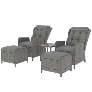 5 Pieces Rattan Bistro Set with Adjustable Back, Reclining Wicker Balcony Furniture with Cushions, Glass Top Coffee Table and Footstools, Outdoor Table and Chairs, Light Grey