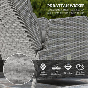 5 Pieces Rattan Bistro Set with Adjustable Back, Reclining Wicker Balcony Furniture with Cushions, Glass Top Coffee Table and Footstools, Outdoor Table and Chairs, Light Grey
