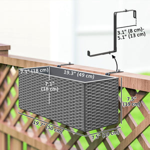 2 Pack Railing Planter Box, 20 Inch Hanging Flower Pots with Hooks and Drainage Hole, Rectangular Planters for Fence, Balcony, Garden, Patio, Rattan Look, Grey