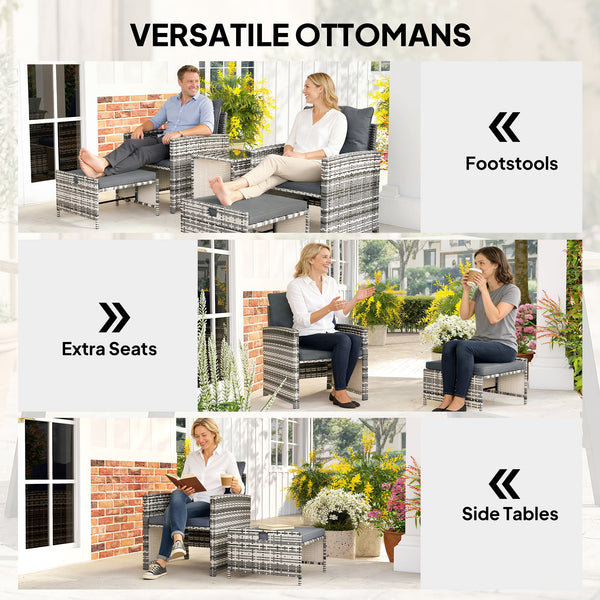 5 Piece Patio Furniture Set, Wicker Patio Chairs with Ottomans, 2-Tier Glass Coffee Table, Cushions, Outdoor Patio Furniture Conversation Set for Balcony, Grey/Dark Grey