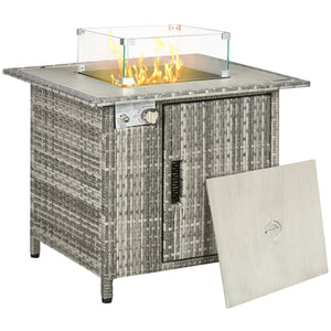 Outdoor PE Rattan Gas Fire Pit Table, Patio Square Propane Heater with Rain Cover, Glass Windscreen, and Lava Stone, 50,000 BTU, Grey