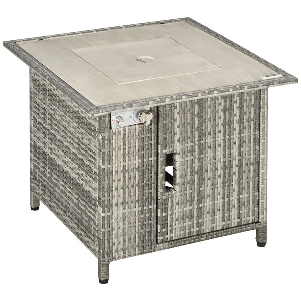 Outdoor PE Rattan Gas Fire Pit Table, Patio Square Propane Heater with Rain Cover, Glass Windscreen, and Lava Stone, 50,000 BTU, Grey