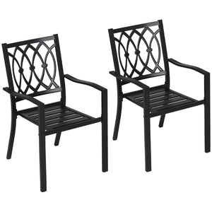 2 Pieces Patio Dining Chairs with Floral Patterns Backrest, Stackable Design Outdoor Armchair for 2 with Slatted Seat, for Balcony, Deck, Lawn, Black