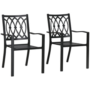2 Pieces Patio Dining Chairs with Floral Patterns Backrest, Stackable Design Outdoor Armchair for 2 with Slatted Seat, for Balcony, Deck, Lawn, Black