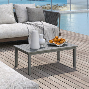 Aluminium Outdoor Coffee Table, Rectangular Patio Side Table with Wood Grain Effect and Slat Tabletop for Indoor, Garden, Balcony, 100cm x 60cm, Grey