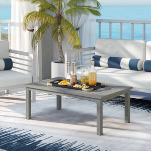 Aluminium Outdoor Coffee Table, Rectangular Patio Side Table with Wood Grain Effect and Slat Tabletop for Indoor, Garden, Balcony, 100cm x 60cm, Grey