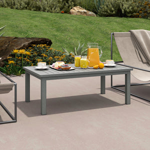 Aluminium Outdoor Coffee Table, Rectangular Patio Side Table with Wood Grain Effect and Slat Tabletop for Indoor, Garden, Balcony, 100cm x 60cm, Grey
