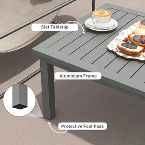 Aluminium Outdoor Coffee Table, Rectangular Patio Side Table with Wood Grain Effect and Slat Tabletop for Indoor, Garden, Balcony, 100cm x 60cm, Grey