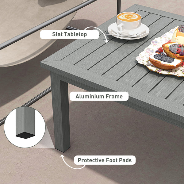 Aluminium Outdoor Coffee Table, Rectangular Patio Side Table with Wood Grain Effect and Slat Tabletop for Indoor, Garden, Balcony, 100cm x 60cm, Grey