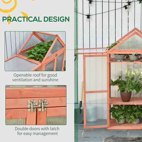Garden Cold Frame Polycarbonate Greenhouse with Adjustable Shelves, Double Doors, Openable Top Covers, Grow House for Flower Vegetable Plants, 80 x 47 x 138cm, Orange