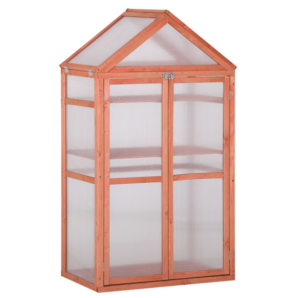 Garden Cold Frame Polycarbonate Greenhouse with Adjustable Shelves, Double Doors, Openable Top Covers, Grow House for Flower Vegetable Plants, 80 x 47 x 138cm, Orange