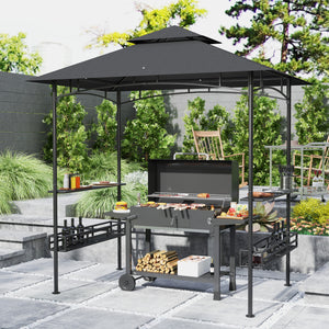 8' x 5' Grill Gazebo, 2-Tier Outdoor BBQ Gazebo with 2 Side Shelves, Storage Baskets and Ceiling Hook for Patio Deck Yard, Dark Gray