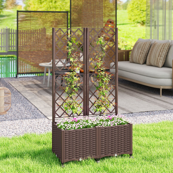 Planter Box with Trellis, Self Watering Raised Garden Bed with Lockable Wheels, 56.3" Trellis Privacy Planter with Drainage Holes for Climbing Plants, Vines, Vegetables, Flowers, Brown