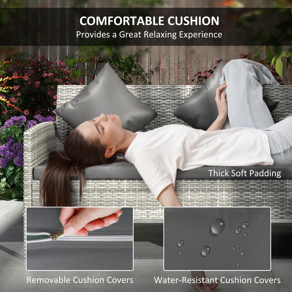 5 Pieces Rattan Garden Furniture Set, 6 Seater Wicker Dining Set, Corner Garden Sofa Outdoor Furniture Set with Glass Top Table, Footstool and Cushions for Patio, Dark Grey