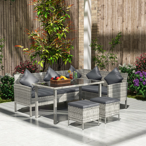 5 Pieces Rattan Garden Furniture Set, 6 Seater Wicker Dining Set, Corner Garden Sofa Outdoor Furniture Set with Glass Top Table, Footstool and Cushions for Patio, Dark Grey