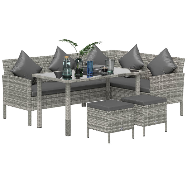 5 Pieces Rattan Garden Furniture Set, 6 Seater Wicker Dining Set, Corner Garden Sofa Outdoor Furniture Set with Glass Top Table, Footstool and Cushions for Patio, Dark Grey