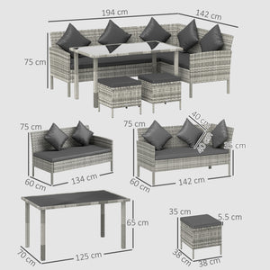 5 Pieces Rattan Garden Furniture Set, 6 Seater Wicker Dining Set, Corner Garden Sofa Outdoor Furniture Set with Glass Top Table, Footstool and Cushions for Patio, Dark Grey