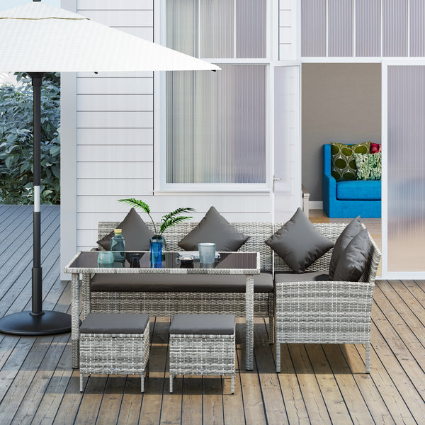 5 Pieces Rattan Garden Furniture Set, 6 Seater Wicker Dining Set, Corner Garden Sofa Outdoor Furniture Set with Glass Top Table, Footstool and Cushions for Patio, Dark Grey