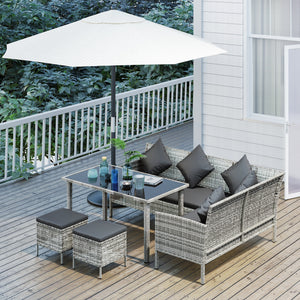 5 Pieces Rattan Garden Furniture Set, 6 Seater Wicker Dining Set, Corner Garden Sofa Outdoor Furniture Set with Glass Top Table, Footstool and Cushions for Patio, Dark Grey