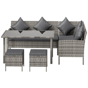 5 Pieces Rattan Garden Furniture Set, 6 Seater Wicker Dining Set, Corner Garden Sofa Outdoor Furniture Set with Glass Top Table, Footstool and Cushions for Patio, Dark Grey