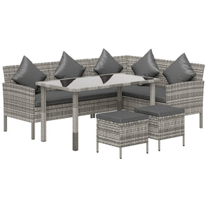 5 Pieces Rattan Garden Furniture Set, 6 Seater Wicker Dining Set, Corner Garden Sofa Outdoor Furniture Set with Glass Top Table, Footstool and Cushions for Patio, Dark Grey