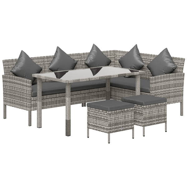 5 Pieces Rattan Garden Furniture Set, 6 Seater Wicker Dining Set, Corner Garden Sofa Outdoor Furniture Set with Glass Top Table, Footstool and Cushions for Patio, Dark Grey