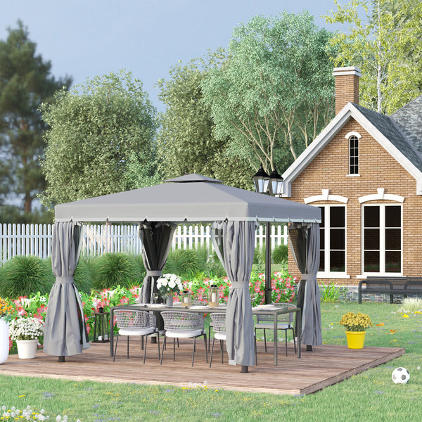 10' x 10' 2-Tier Outdoor Gazebo Canopy Tent with Zippered Mesh Sidewalls, Aluminum Frame for Patio, Backyard, Dark Grey
