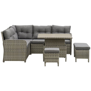 6 Pieces Outdoor PE Rattan Garden Furniture, Patio Wicker Sectional Conversation Corner Sofa w/ Soft Padded Cushion & Liftable Coffee Table, Grey