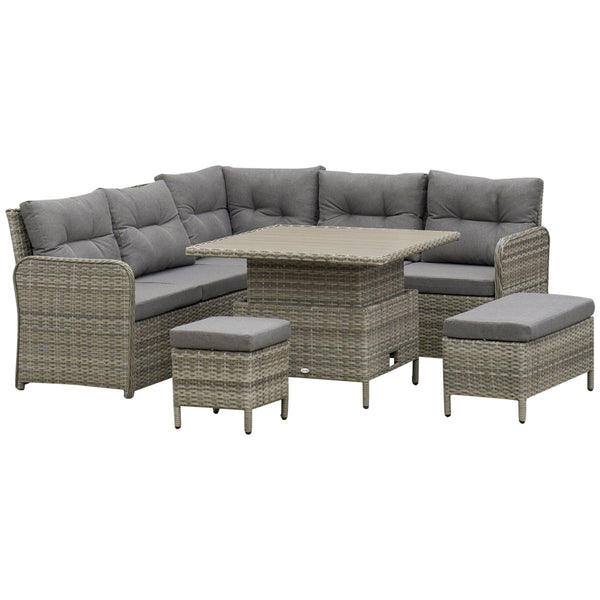 6 Pieces Outdoor PE Rattan Garden Furniture, Patio Wicker Sectional Conversation Corner Sofa w/ Soft Padded Cushion & Liftable Coffee Table, Grey