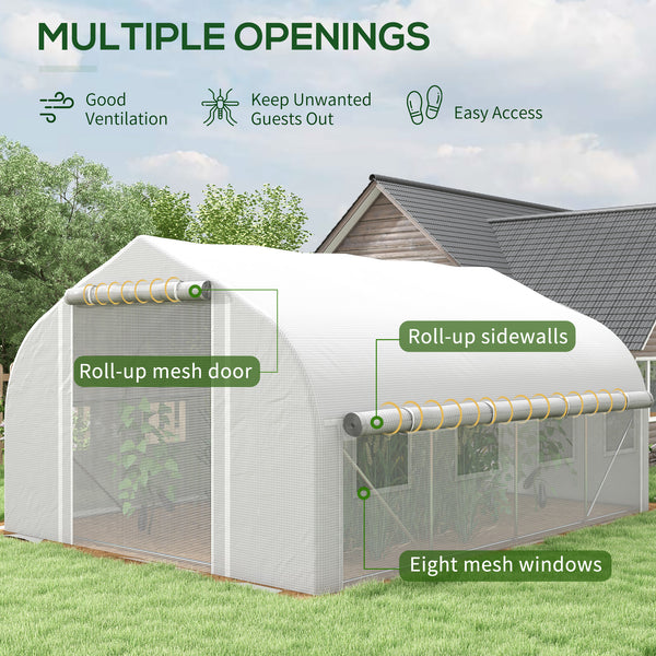 13 x 9.8ft Walk-in Polytunnel Greenhouse, Zipped Roll Up Sidewalls, Mesh Door, 8 Mesh Windows, Tunnel Warm House Tent with PE Cover, Plant Labels and Gloves, White